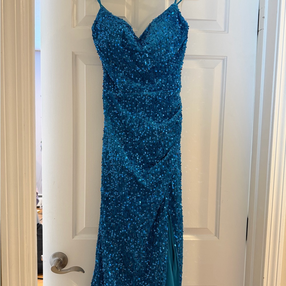 Stacees teal sequin prom dress